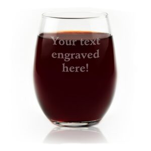 personalized stemless wine glass engraved with your custom text