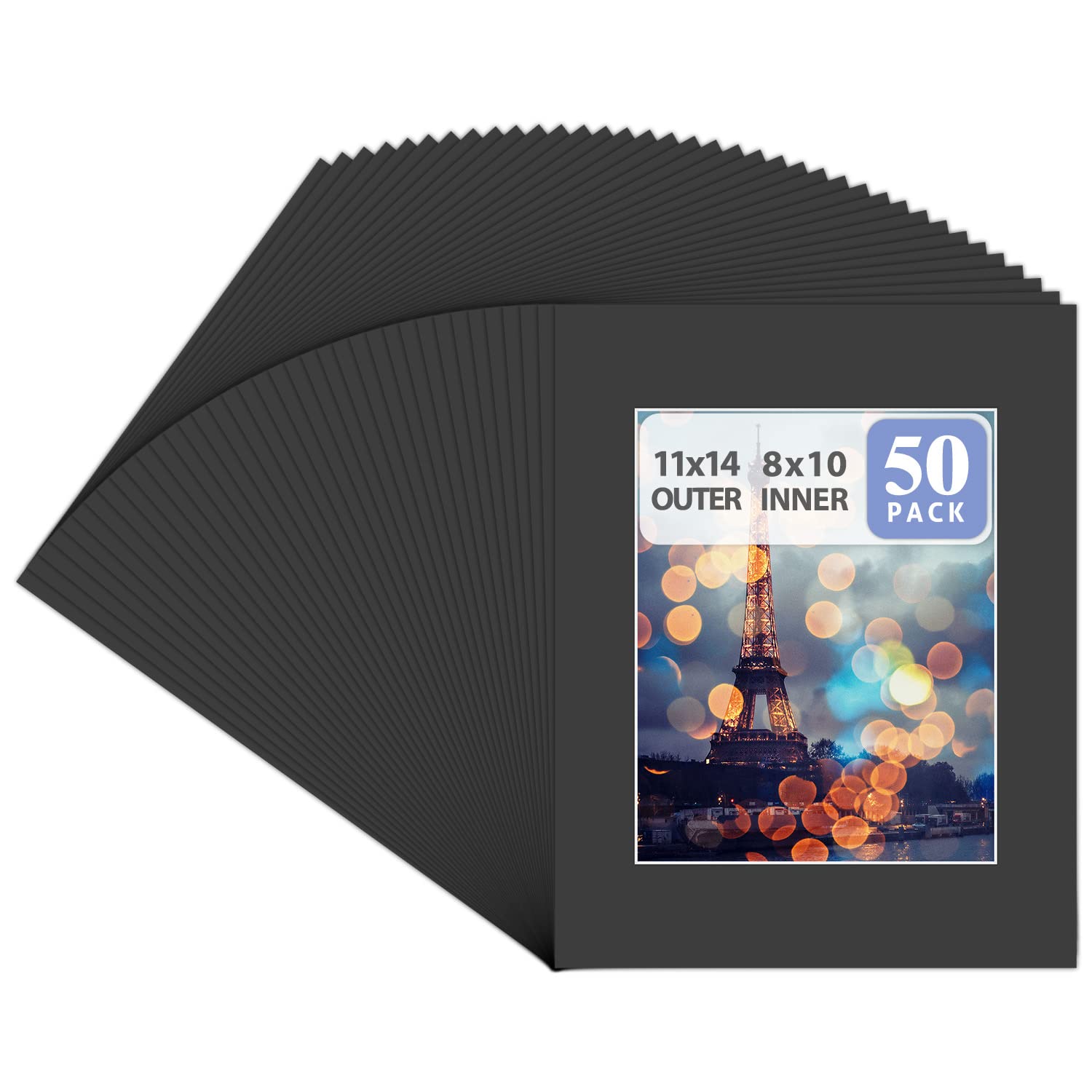 Golden State Art, Acid Free, Pack of 50 11x14 Black Picture Mats Mattes with White Core Bevel Cut for 8x10 Photo