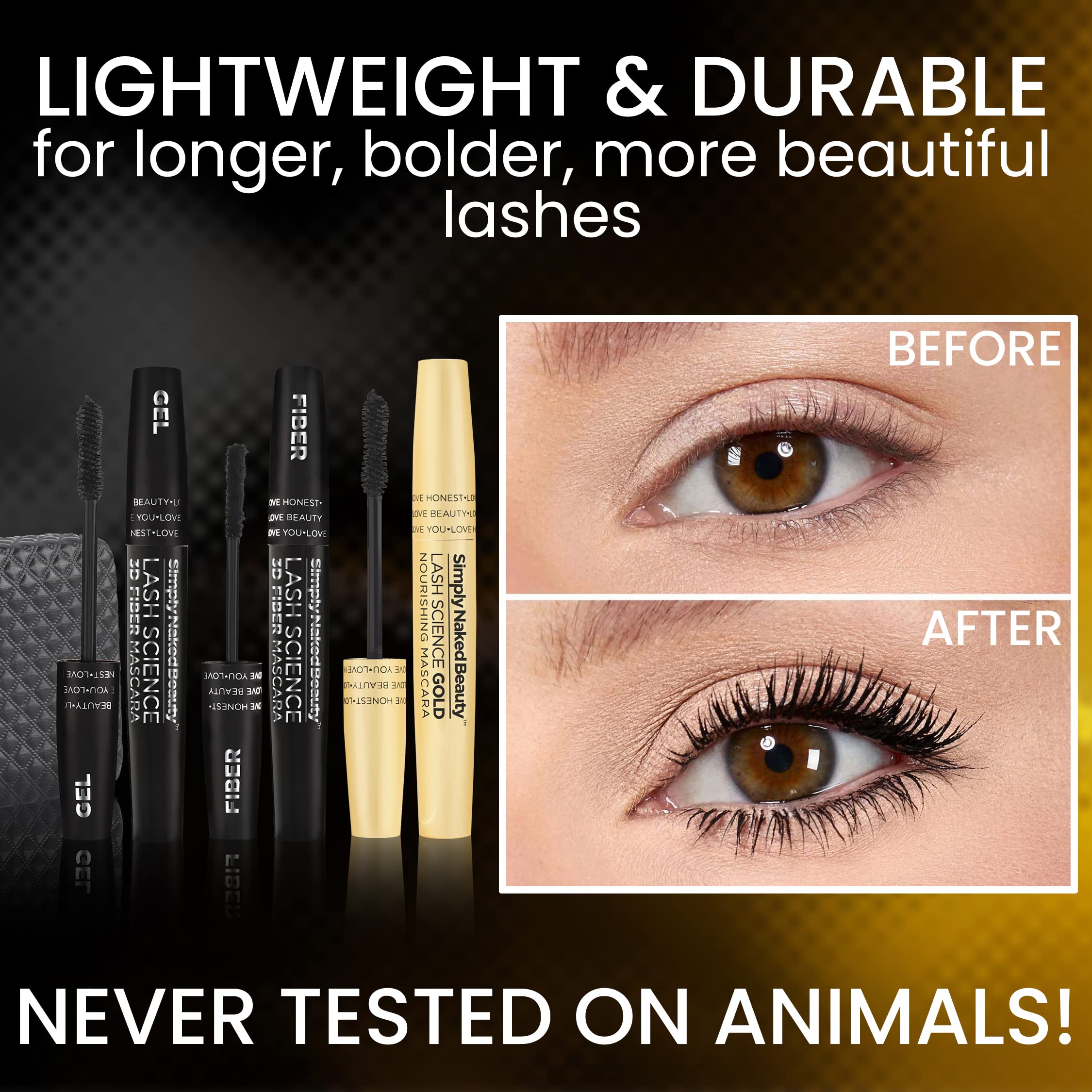 3D Black Mascara for Volume & Length - Eyelash Growth Nourishing Base, Black Mascara Gel & Dry Fibers to create 3D Lengthening Effect. Non-Toxic & Cruelty Free by Simply Naked Beauty