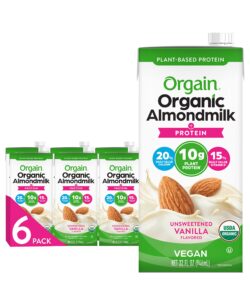 orgain organic vegan protein almond milk, unsweetened vanilla - 10g plant based protein, with vitamin d & calcium, gluten free, dairy free, lactose free, soy free, no sugar added, 32 fl oz (pack of 6)
