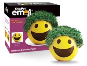 chia pet emoji smiley with seed pack, decorative pottery planter, easy to do and fun to grow, novelty gift, perfect for any occasion