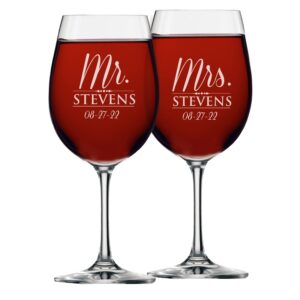 set of 2 mr and mrs personalized wine glasses - custom engraved and monogrammed gifts