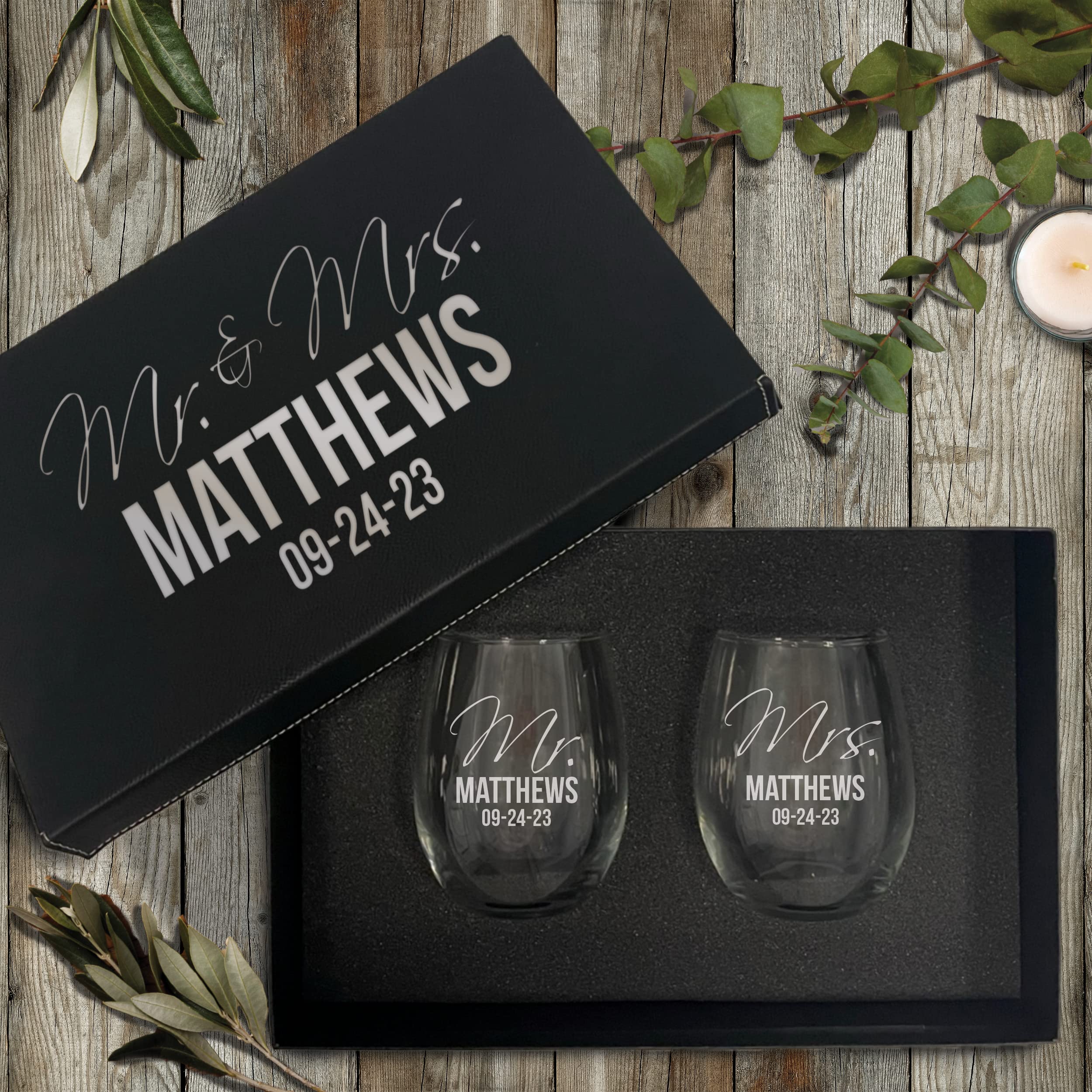 Set of 2 Mr and Mrs Personalized Stemless Wine Glasses - Engraved Custom Monogrammed Glassware Gifts