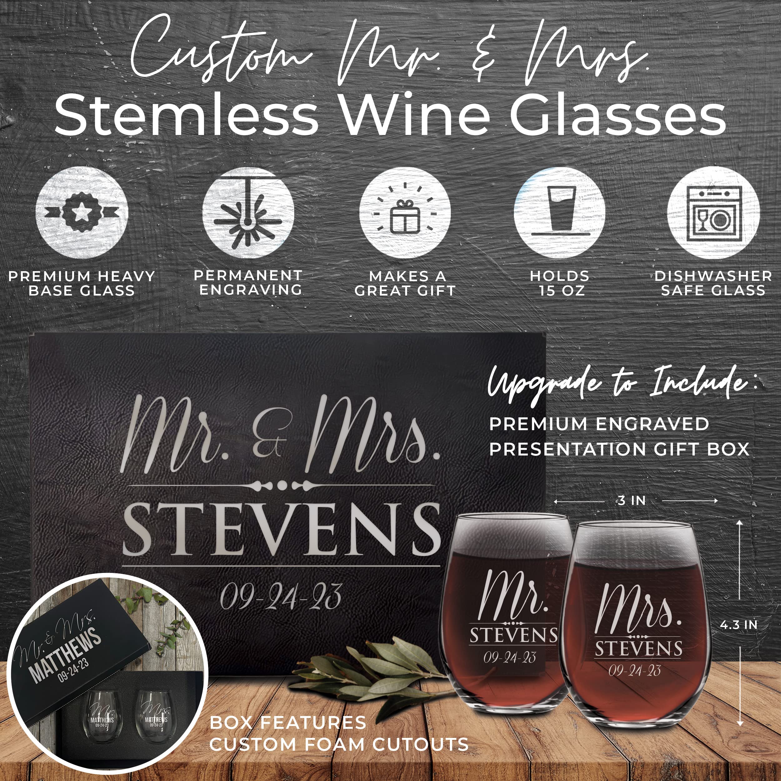 Set of 2 Mr and Mrs Personalized Stemless Wine Glasses - Engraved Custom Monogrammed Glassware Gifts