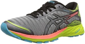 asics women's dynaflyte running shoe, mid grey/flash coral/safety yellow, 7.5 m us