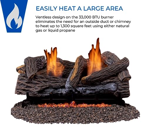 Duluth Forge DLS-24R-2 Dual Fuel Ventless Fireplace Logs Set with Remote Control, Use with Natural Gas or Liquid Propane, 33000 BTU, Stacked Red Oak, 24 Inches