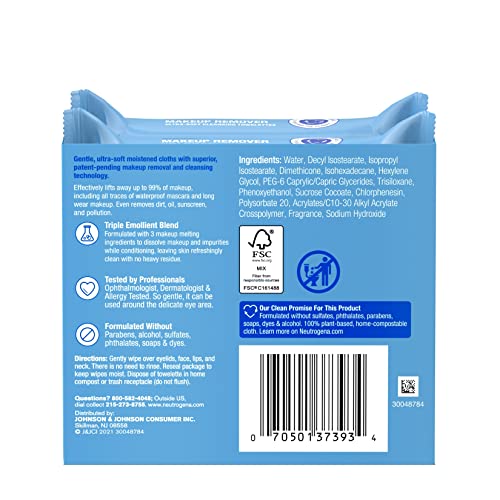 Neutrogena Makeup Remover Cleansing Face Wipes, Daily Cleansing Facial Towelettes to Remove Waterproof Makeup and Mascara, Alcohol-Free, Value Twin Pack, 25 count, 2 Pack