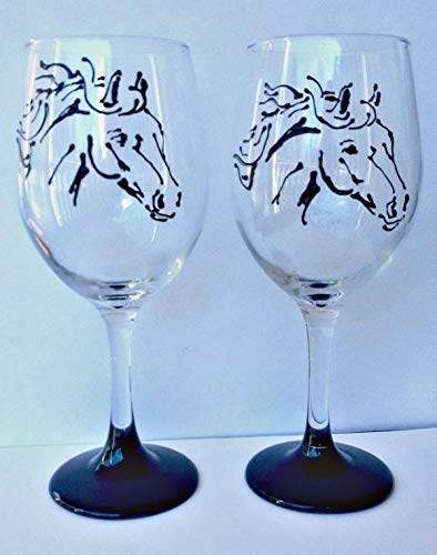 Black Stallion Horse Hand Painted Wine Glasses Set of 2