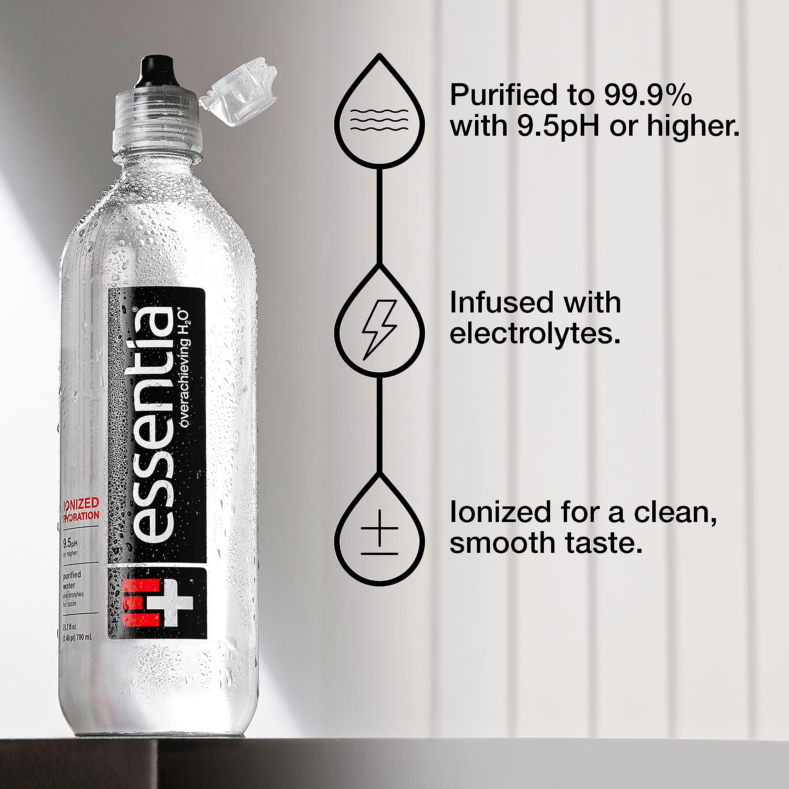 Essentia Bottled Water, Ionized Alkaline Water; 99.9% Pure, Infused with Electrolytes, 9.5 pH or Higher with a Clean, Smooth Taste, 23.67 Fl Oz (Pack of 24)