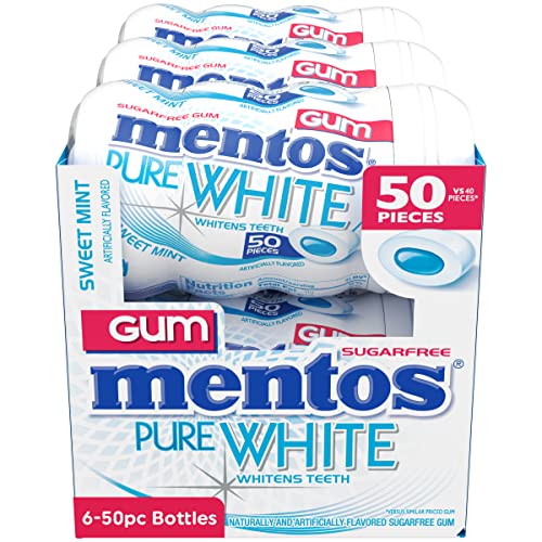 Mentos Pure White Sugar-Free Chewing Gum With Xylitol, Sweet Mint, Bulk, 50Piece Bottle (Pack Of 6)