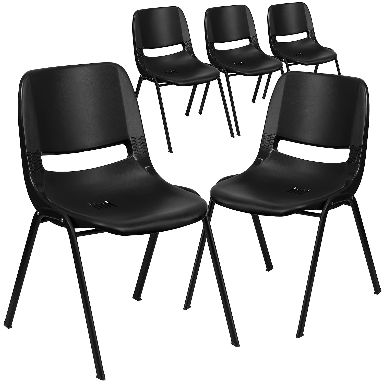 Flash Furniture 5 Pack HERCULES Series 661 lb. Capacity Black Ergonomic Shell Stack Chair with Black Frame and 16'' Seat Height