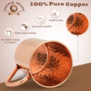 Copper Mules Moscow Mule PURE Copper Mug Handcrafted of 100% Pure THICK Copper - Timeless Hammered Finish - RAW Copper Interior - Authentic and Strong Riveted Handle - Holds 16 ounces