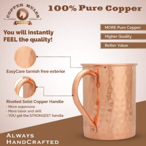 Copper Mules Moscow Mule PURE Copper Mug Handcrafted of 100% Pure THICK Copper - Timeless Hammered Finish - RAW Copper Interior - Authentic and Strong Riveted Handle - Holds 16 ounces