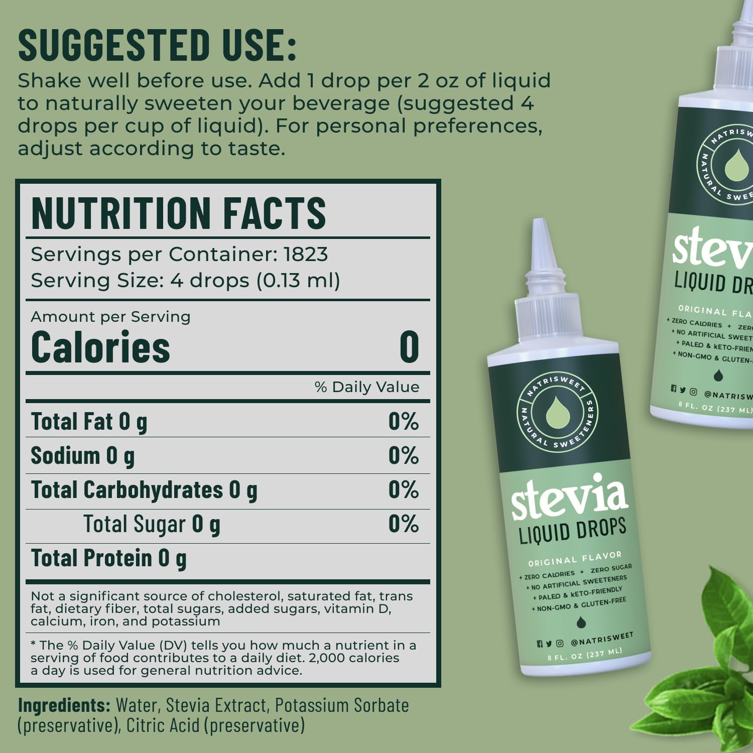 Stevia Liquid Drops, 8 Fl oz, 1823 Servings, Pure Concentrated Drops with Zero Calories & Zero Carbs, Delicious Sugar Substitute Great for Keto & Paleo Diets, by Natrisweet