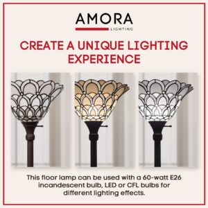 Amora Tiffany Floor Lamp Torchiere - Traditional Style Peacock Design 69” Stained Glass Lamp, Custom Handcrafted Pole Lamp with 3-Way Rotary Switch - Decorative Floor Lamp for Living Room