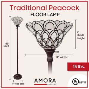 Amora Tiffany Floor Lamp Torchiere - Traditional Style Peacock Design 69” Stained Glass Lamp, Custom Handcrafted Pole Lamp with 3-Way Rotary Switch - Decorative Floor Lamp for Living Room