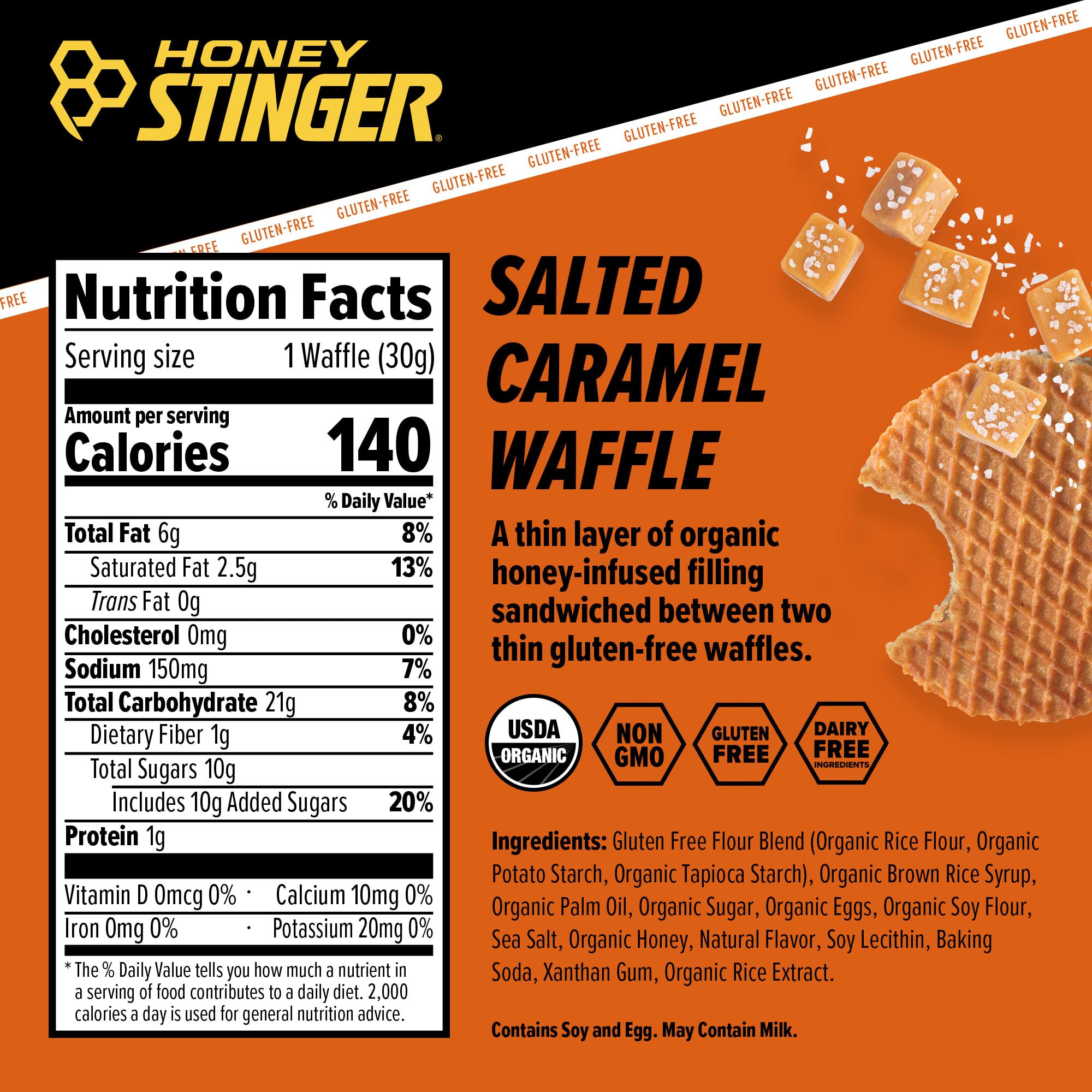 Honey Stinger Organic Gluten Free Salted Caramel Waffle | Energy Stroopwafel for Exercise, Endurance and Performance | Sports Nutrition for Home & Gym, Pre & During Workout | 16 Count