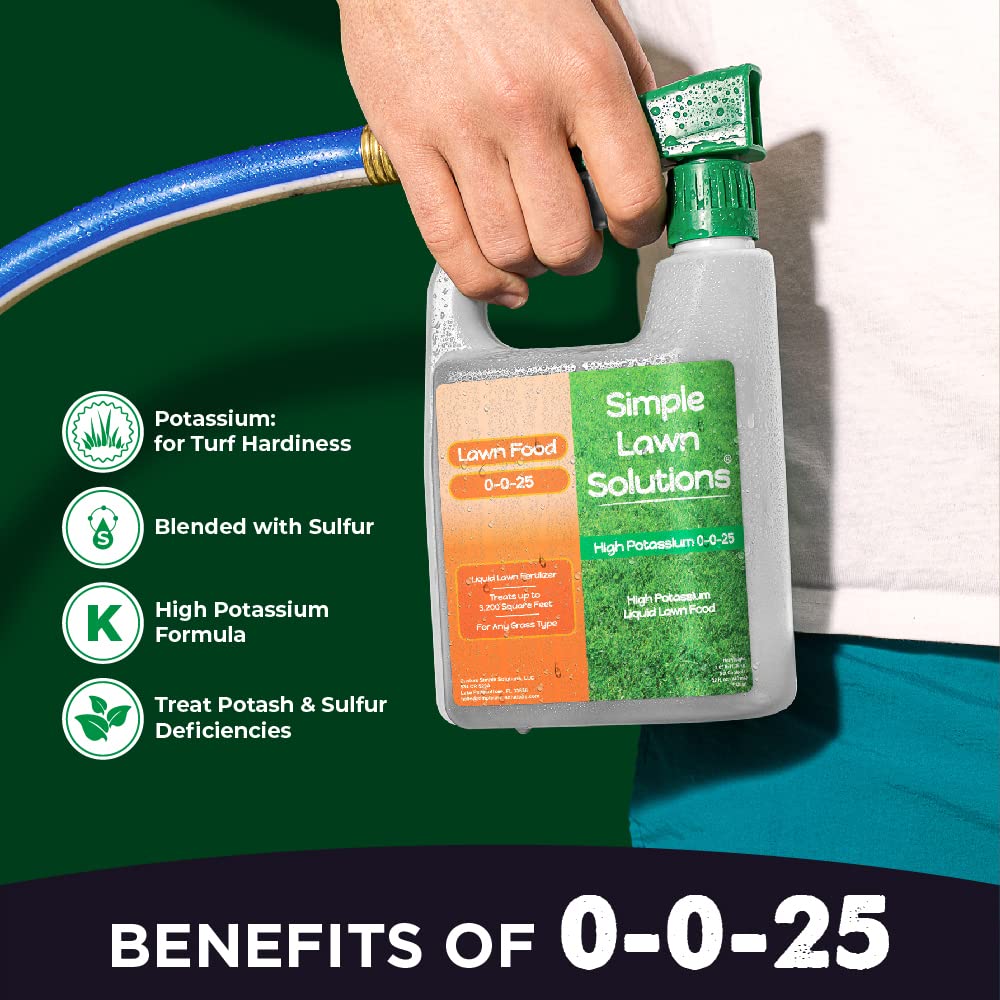 Simple Lawn Solutions - High Potassium Lawn Food Liquid Fertilizer 0-0-25 - Concentrated Spray - Turf Grass Vigor and Plant Hardiness - Summer and Fall - Any Grass Type (32 Ounce)