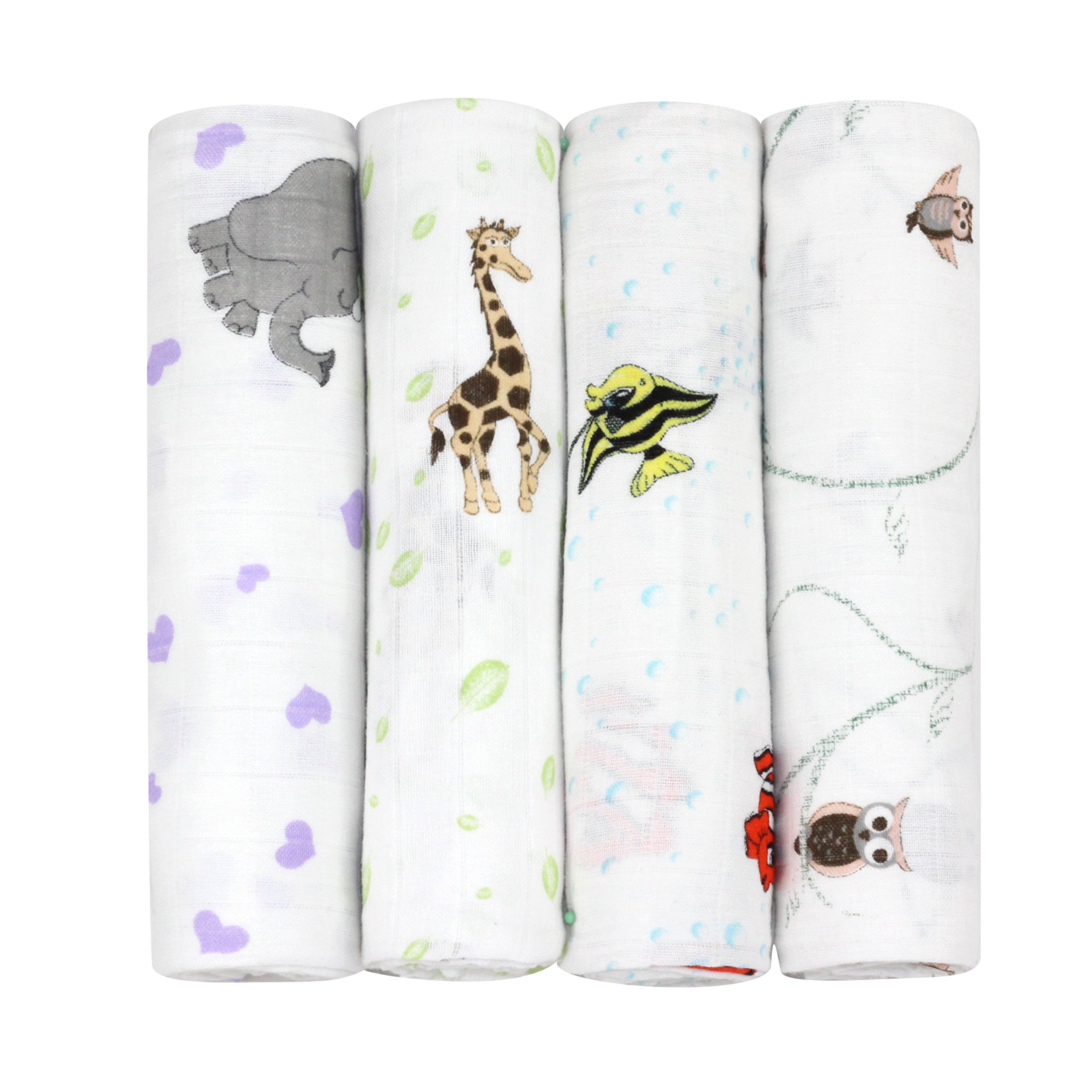 j & alex's Hand Dyed 100% Cotton Muslin Swaddle Blankets - White, Set of 4, Baby Receiving Blankets for Boys & Girls, Large 47 x 47 inches