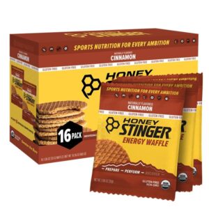honey stinger organic gluten free cinnamon waffle | energy stroopwafel for exercise, endurance and performance | sports nutrition for home & gym, pre & during workout | box of 16 waffles, 16.96 ounce