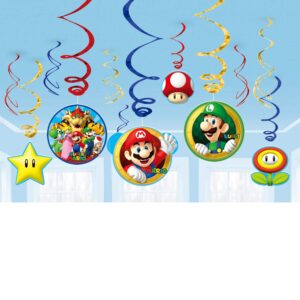 super mario brothers foil swirl hanging decorations - 5" & 7" (pack of 12) - vibrant design - perfect for any celebration