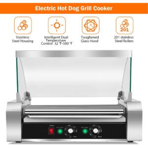 Giantex Hot Dog Roller Machine, 7 Non-Stick Rollers 18 Hot Dog Sausage Grill Cooker Machine with Removable Stainless Steel Drip Tray and Glass Hood Cover, Commercial Household Hot Dog Rotisserie