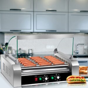 Giantex Hot Dog Roller Machine, 7 Non-Stick Rollers 18 Hot Dog Sausage Grill Cooker Machine with Removable Stainless Steel Drip Tray and Glass Hood Cover, Commercial Household Hot Dog Rotisserie