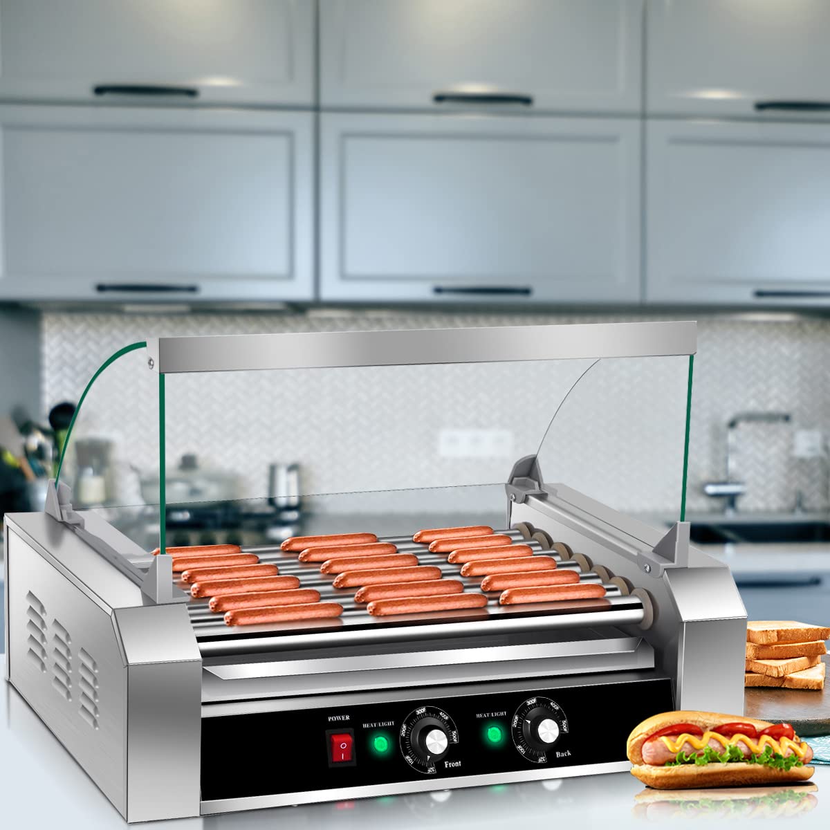 Giantex Hot Dog Roller Machine, 7 Non-Stick Rollers 18 Hot Dog Sausage Grill Cooker Machine with Removable Stainless Steel Drip Tray and Glass Hood Cover, Commercial Household Hot Dog Rotisserie