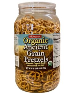 hanover organic ancient grain spelt sea salt pretzels low fat cholesterol trans fat free party snacks resealable container 28 oz barrel