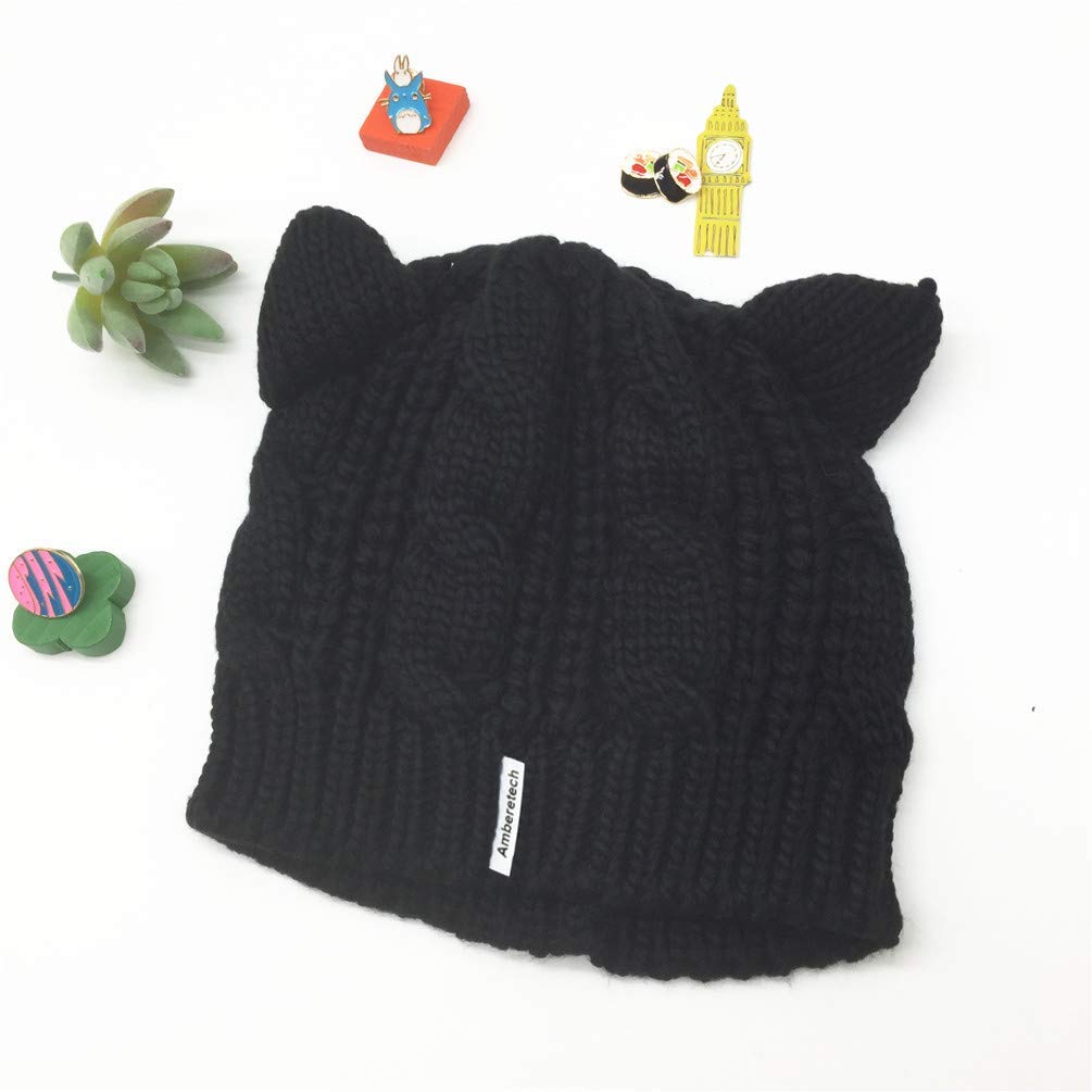 Amberetech Woollike Knitted Cat Kitty Ears Headgear Crochet Hats (Black)