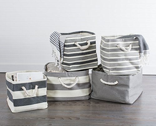 DII Durable Woven Striped Storage Bin Collapsible with Soft Rope Handles Reinforced with Metal Grommets, X-Large, 17x15x12", Solid Gray