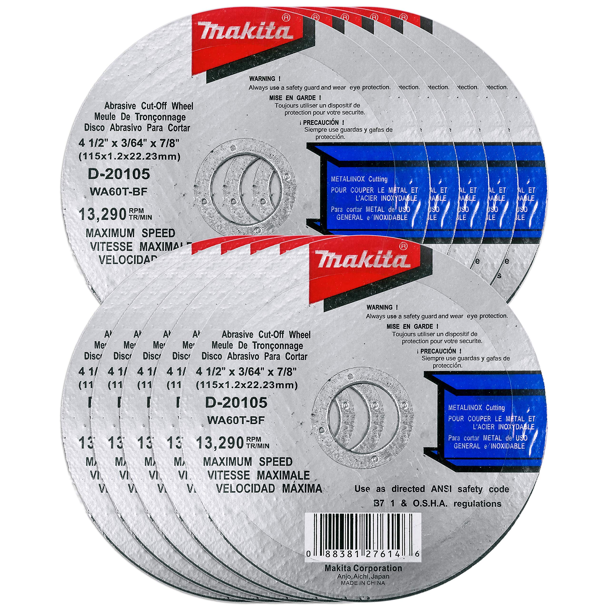 Makita 10 Pack - 4.5" Cut Off Wheels For Grinders - Aggressive Cutting For Metal & Stainless Steel/INOX - 4-1/2" x .045 x 7/8-Inch