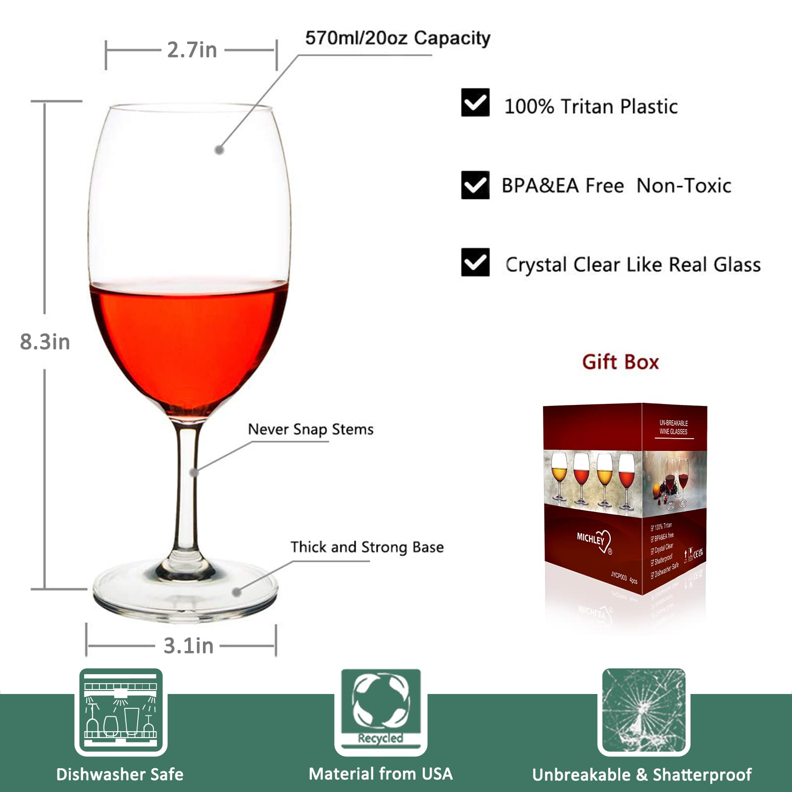 MICHLEY Unbreakable Wine Glasses, 100% Tritan Plastic Shatterproof Large Wine Glasses 20 oz, Set of 2