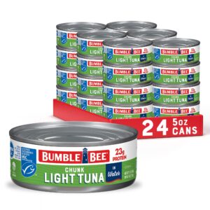 bumble bee chunk light tuna in water, 5 oz cans (pack of 24) - wild caught - 22g protein per serving - non-gmo project verified, gluten free, kosher - great for tuna salad & recipes
