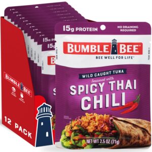 bumble bee spicy thai chili seasoned tuna, 2.5 oz pouches (pack of 12) - ready to eat - wild caught tuna pouch - 15g protein per serving - gluten free