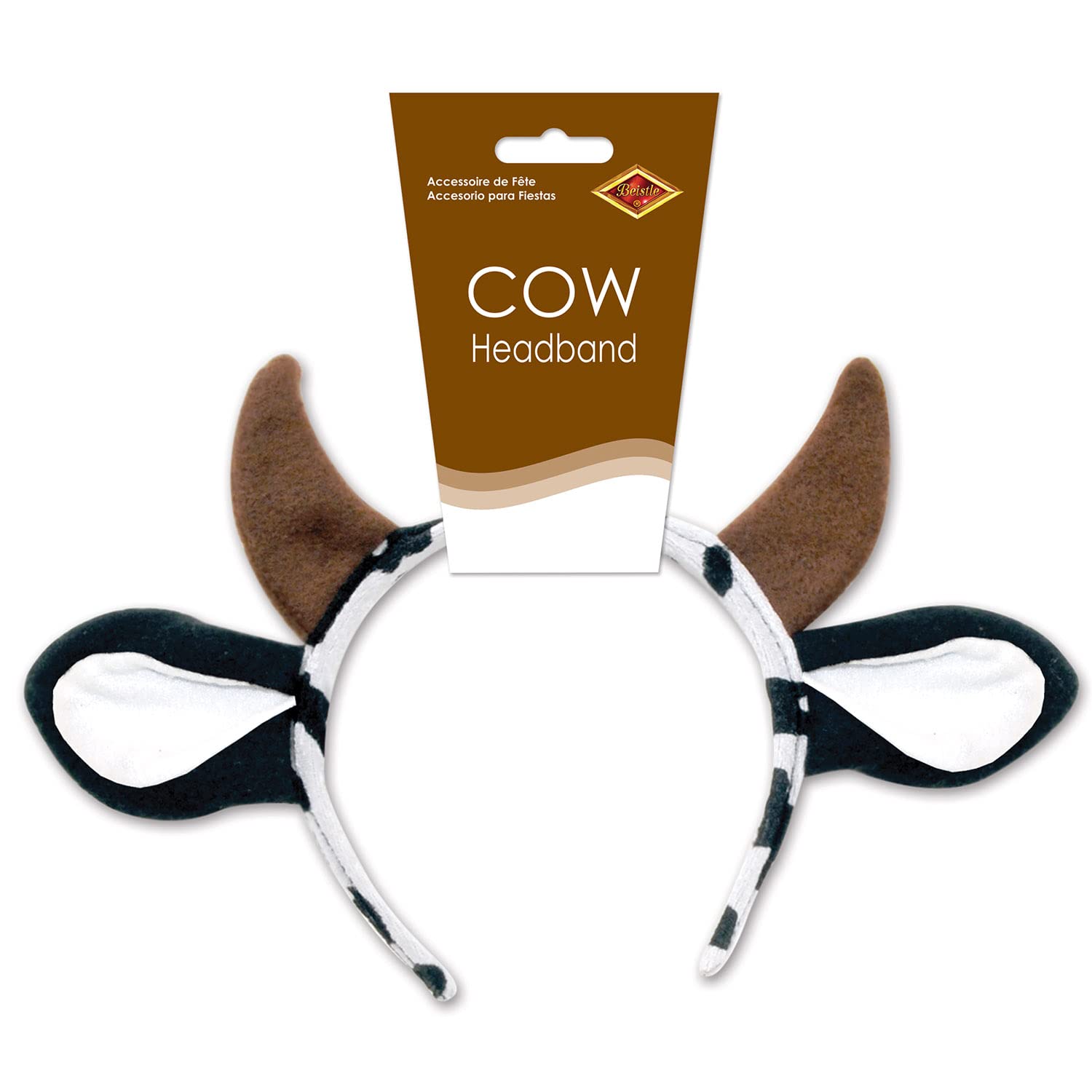 Beistle Cow Ears and Horns Headband Farm Theme Birthday Party Supplies Headwear, White/Black/Brown