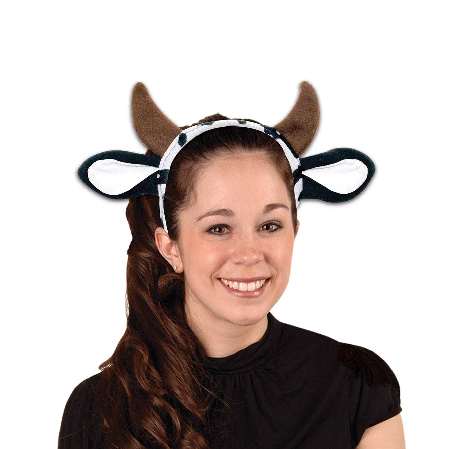 Beistle Cow Ears and Horns Headband Farm Theme Birthday Party Supplies Headwear, White/Black/Brown