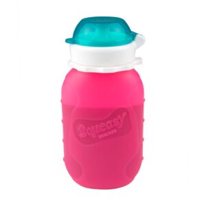 pink 6 oz squeasy snacker spill proof silicone reusable food pouch - for both soft foods and liquids - water, apple sauce, yogurt, smoothies, baby food - dishwasher safe