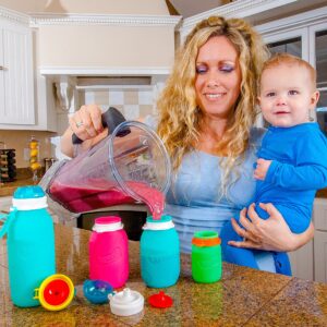 Pink 6 oz Squeasy Snacker Spill Proof Silicone Reusable Food Pouch - for Both Soft Foods and Liquids - Water, Apple Sauce, Yogurt, Smoothies, Baby Food - Dishwasher Safe