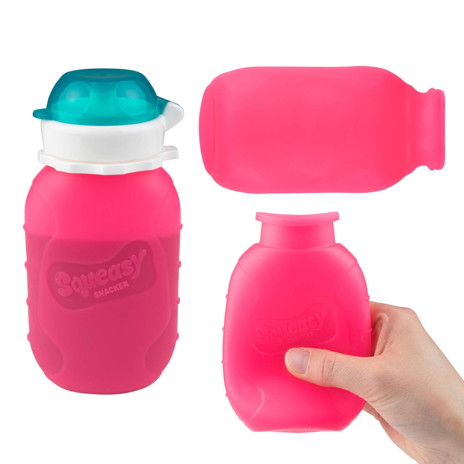 Pink 6 oz Squeasy Snacker Spill Proof Silicone Reusable Food Pouch - for Both Soft Foods and Liquids - Water, Apple Sauce, Yogurt, Smoothies, Baby Food - Dishwasher Safe