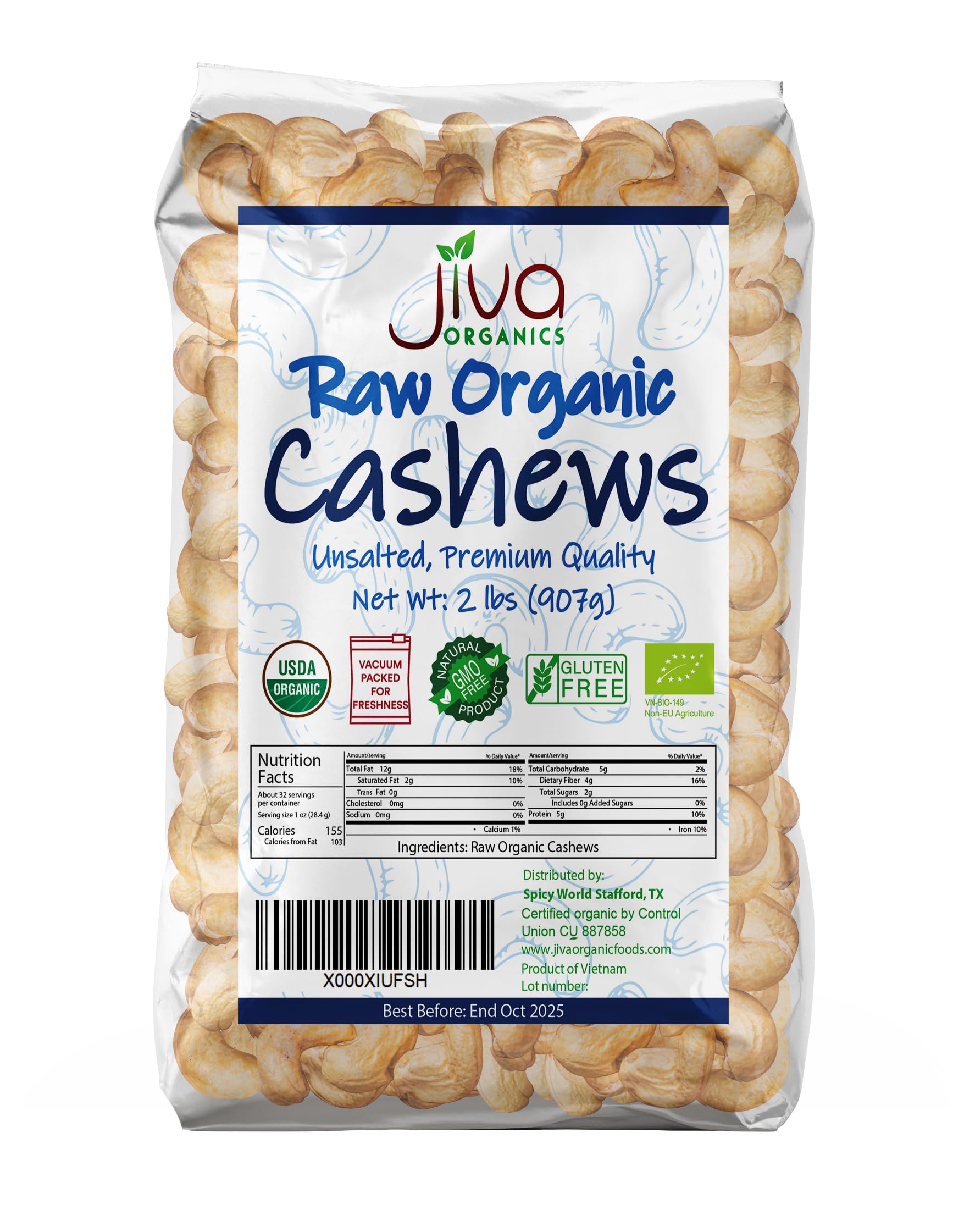 Jiva Organics Raw Organic Cashews (Whole) 2 Pound Bag