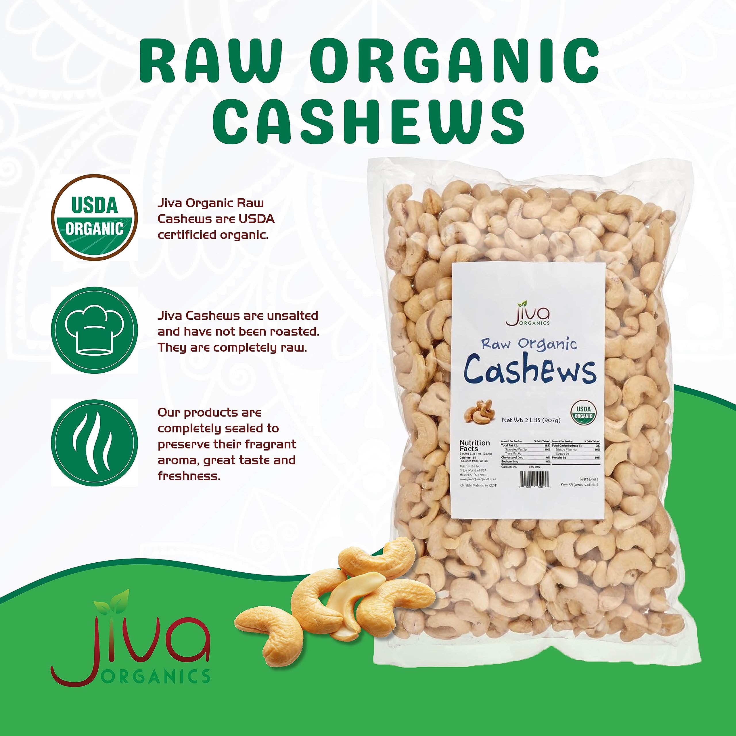 Jiva Organics Raw Organic Cashews (Whole) 2 Pound Bag