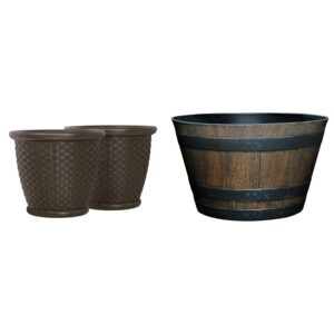 suncast 22" sonora resin wicker planter contemporary lightweight flower pot for indoor and outdoor use, home, yard, or garden, set of 2, java