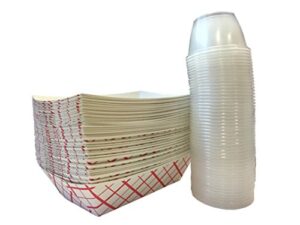 mr miracle 2.5 pound red white plaid paper food tray with clear plastic 4 ounce dip cups. pack of 50 sets of trays and cups
