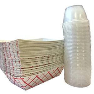 Mr Miracle 2.5 Pound Red White Plaid Paper Food Tray with Clear Plastic 4 Ounce Dip Cups. pack of 50 Sets of trays and Cups