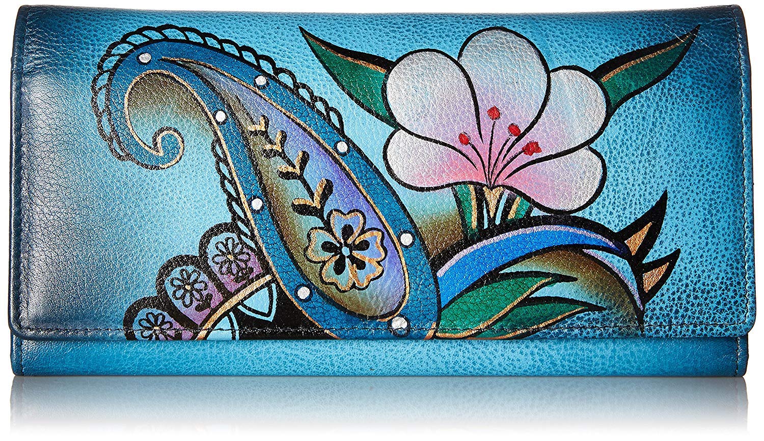 Anna by Anuschka Women's Hand Painted Genuine Leather Multi Pocket Wallet - Denim Paisley Floral