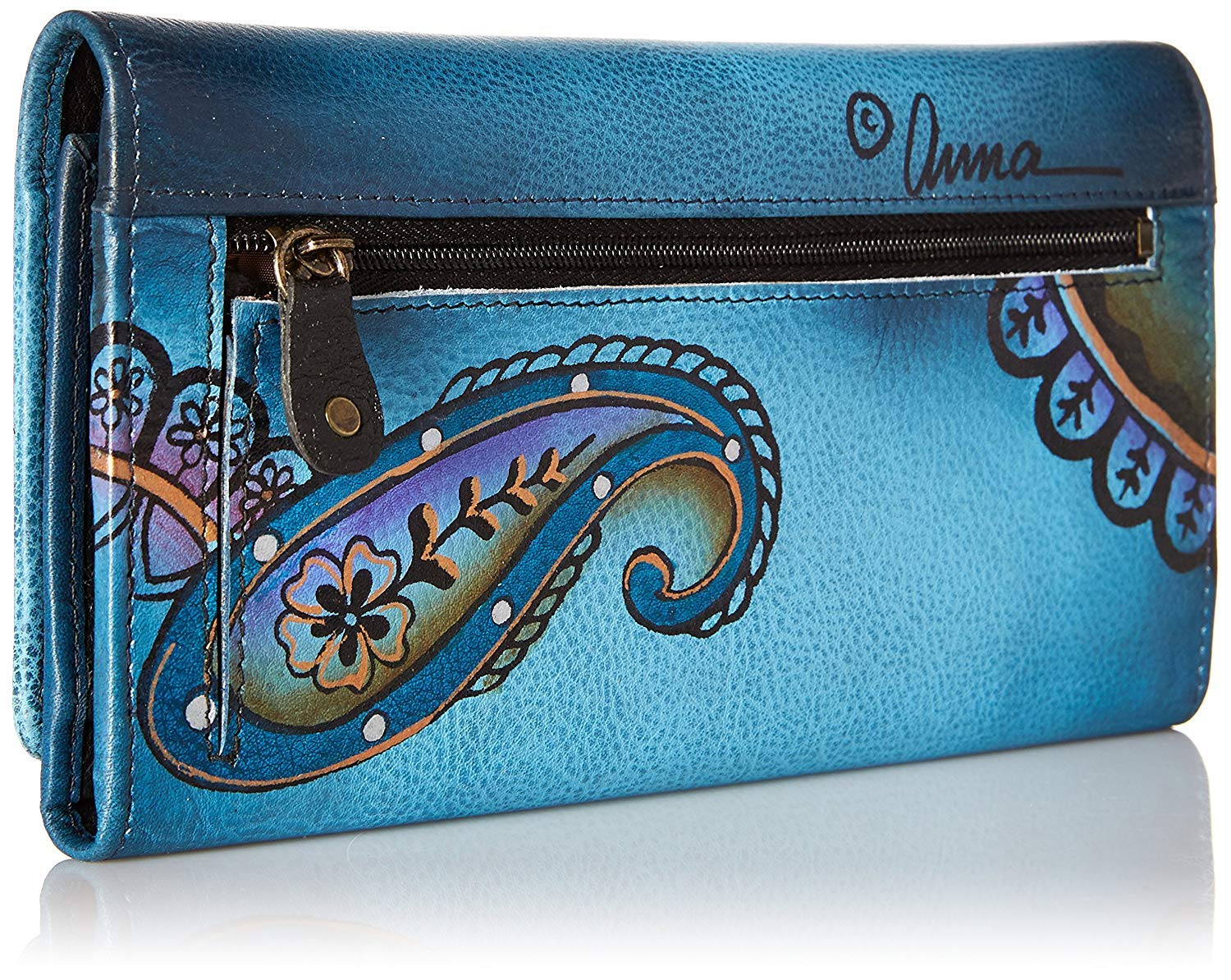 Anna by Anuschka Women's Hand Painted Genuine Leather Multi Pocket Wallet - Denim Paisley Floral