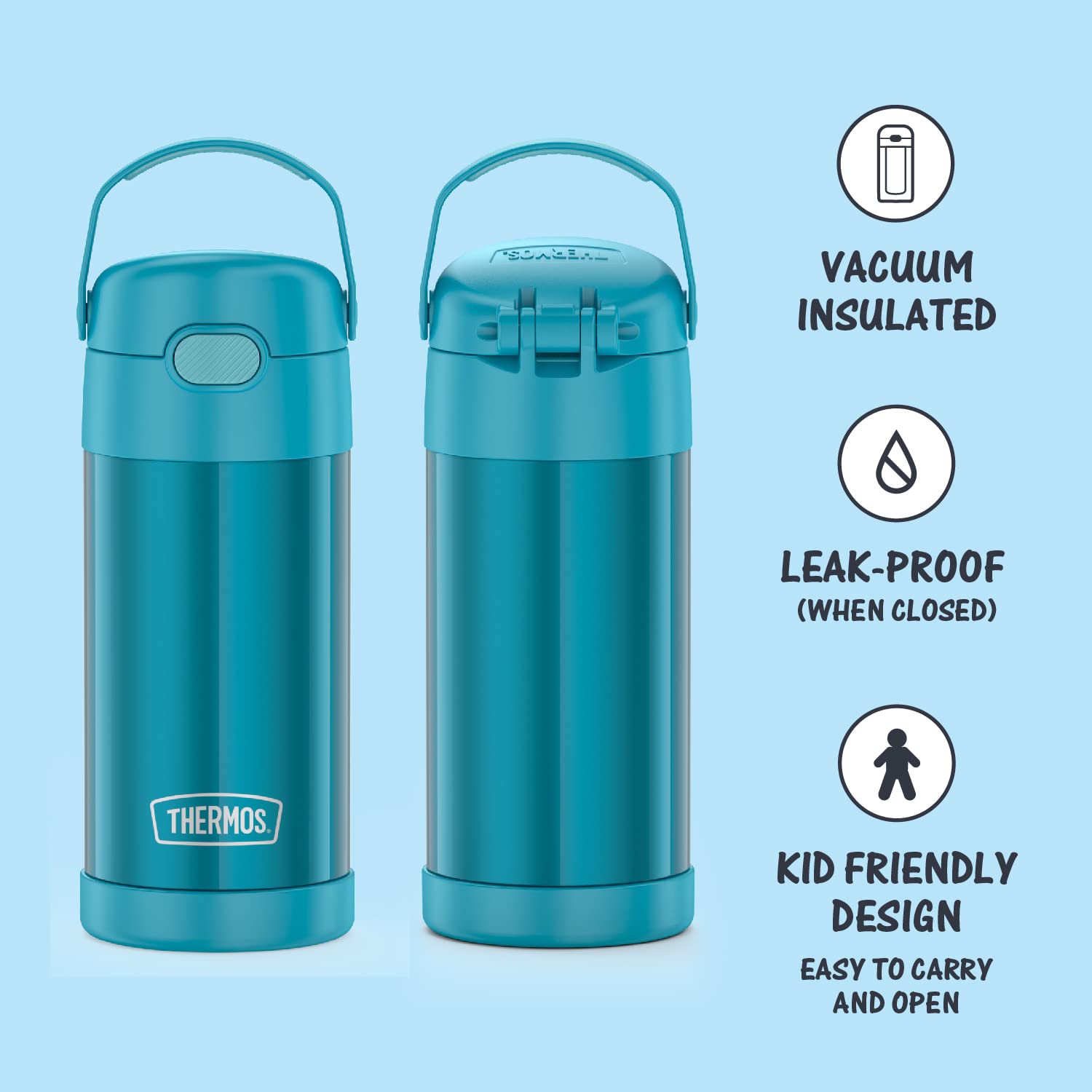 THERMOS FUNTAINER Water Bottle with Straw - 12 Ounce, Teal - Kids Stainless Steel Vacuum Insulated Water Bottle with Lid