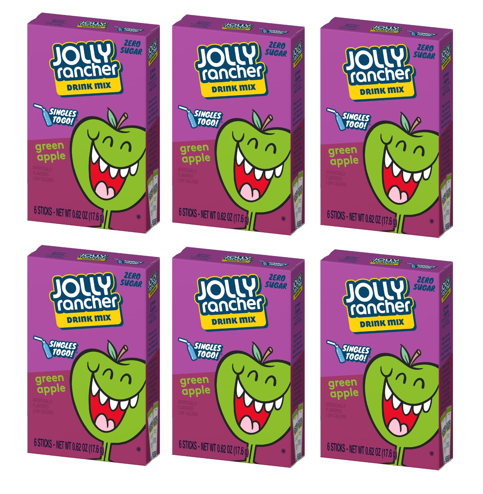 Jolly Rancher SINGLES TO GO! Green Apple, 6 boxes with 6 packets each - 36 total servings