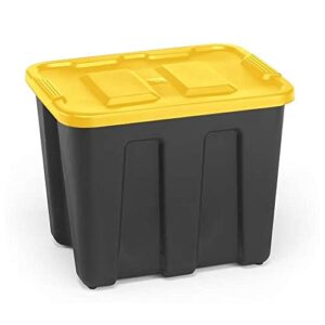homz 18 gallon durabilt lldpe heavy duty storage container, black base, yellow lid, 8-pack